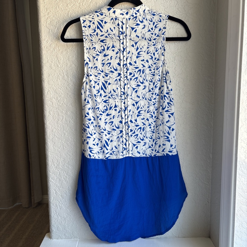 Maeve Anthro Silk 0 Blouse Sleeveless Button Carissa & Cobalt Colorbock Collar - Picture 4 of 10